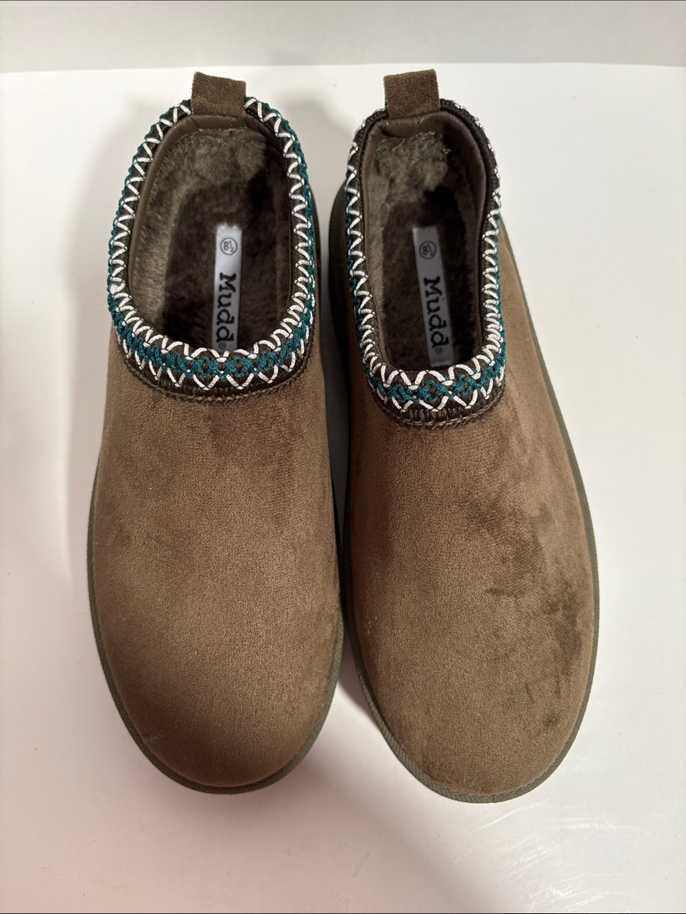 Mudd Brown Slip-On Fuzzy Lined Shoes with Teal Braid